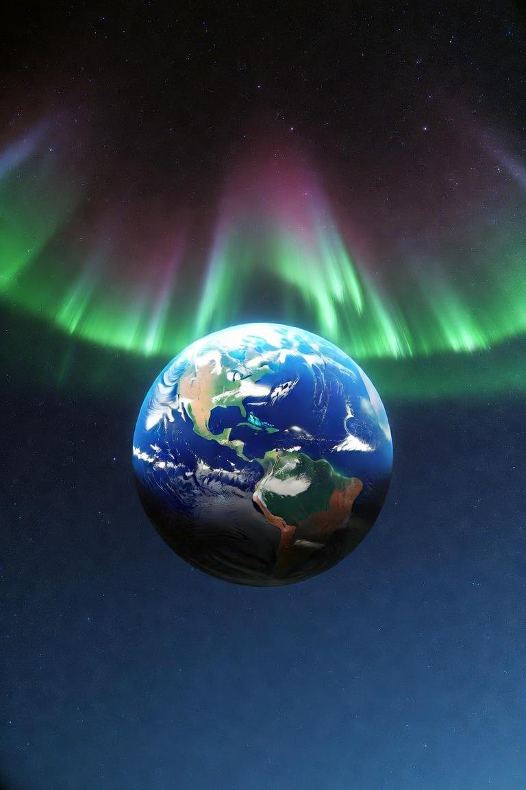 Earth with green and magenta aurora